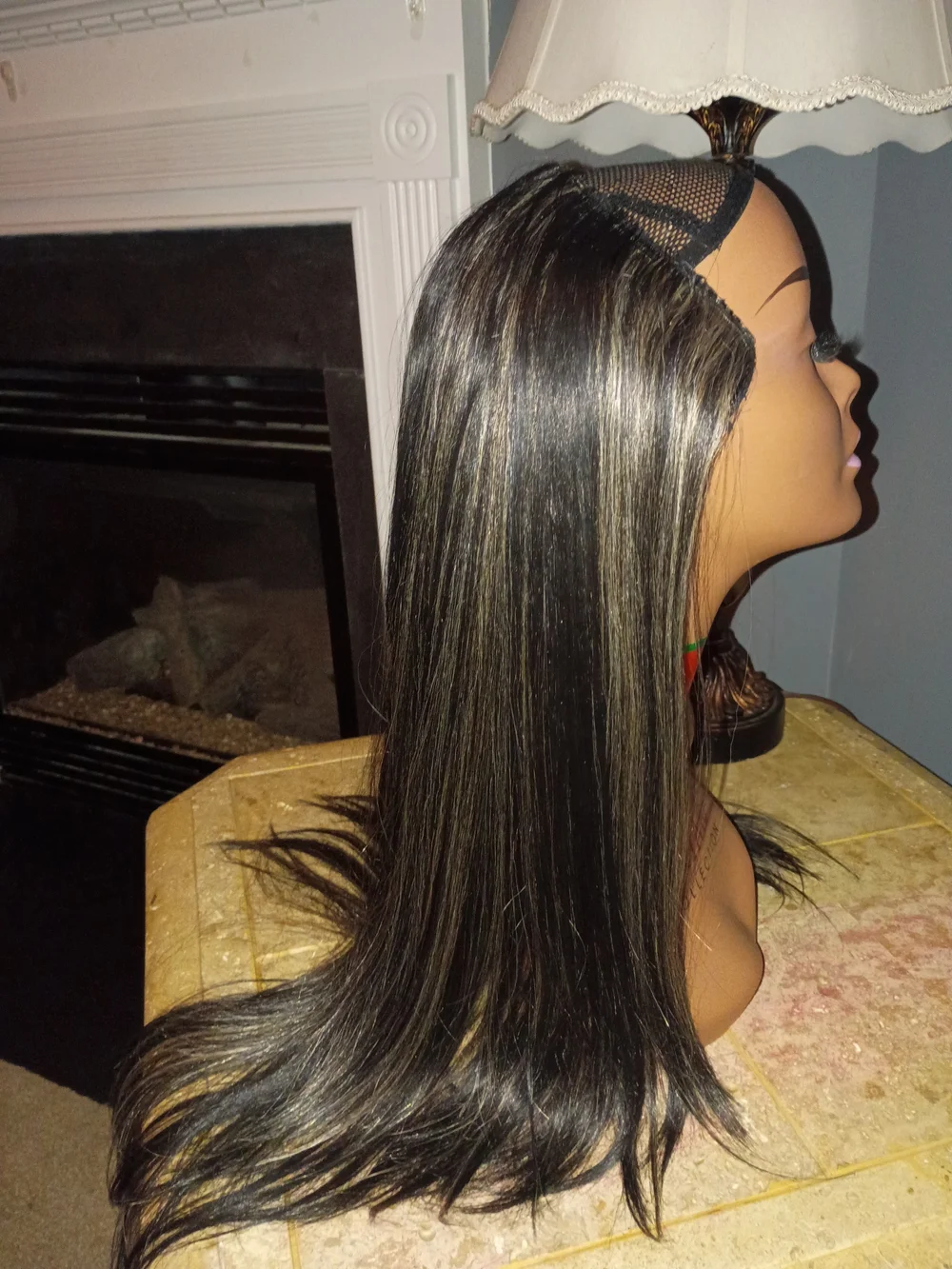 Long Straight Women's Highlighted Half Wig - Black with Blonde Highlights